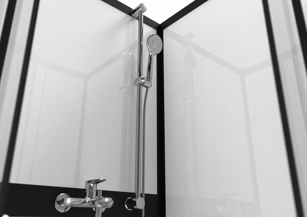 Suihkukaappi Kirkkaalla lasilla ja mustilla metalliosilla