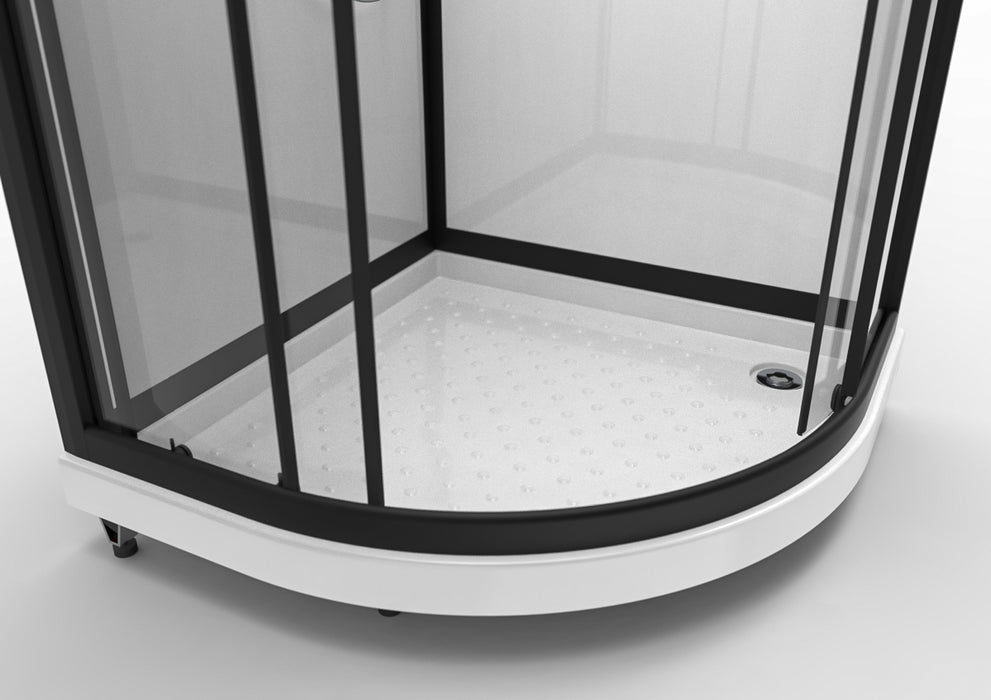 Suihkukaappi Kirkkaalla lasilla ja mustilla metalliosilla