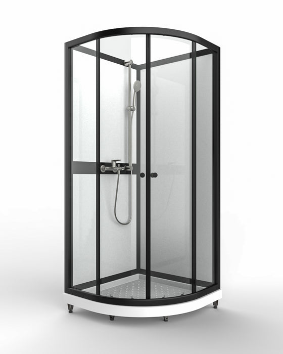 Suihkukaappi Kirkkaalla lasilla ja mustilla metalliosilla