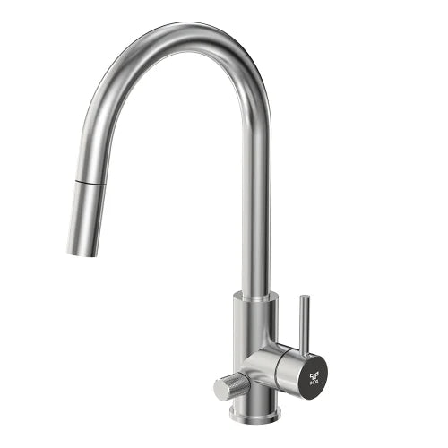 INOX by Tammiholma Q1 keittiöhana C-putkella, APK-liitännällä ja ulosvedettävällä suihkulla harjattu kromi