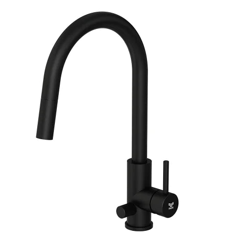 INOX by Tammiholma Q1 keittiöhana C-putkella, APK-liitännällä ja ulosvedettävällä suihkulla mattamusta